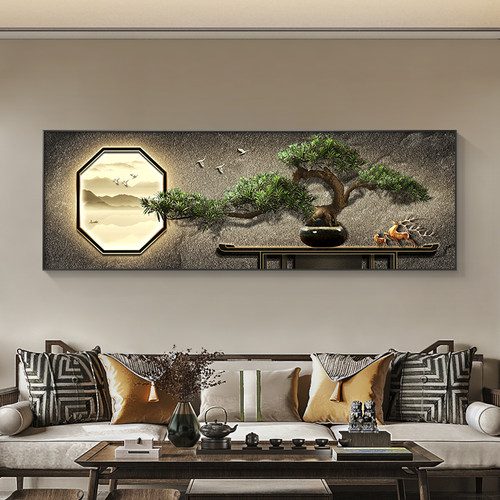 速发迎客松新中式客厅装饰麋灯画气鹿沙发背景墙挂画高档大画壁画