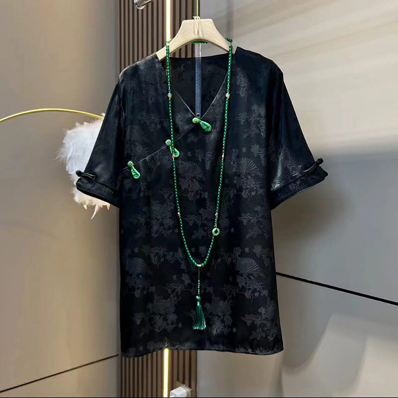 速发加风大码装V领斜上扣暗花国肥小衫胖妹妹气质法式洋气百搭盘