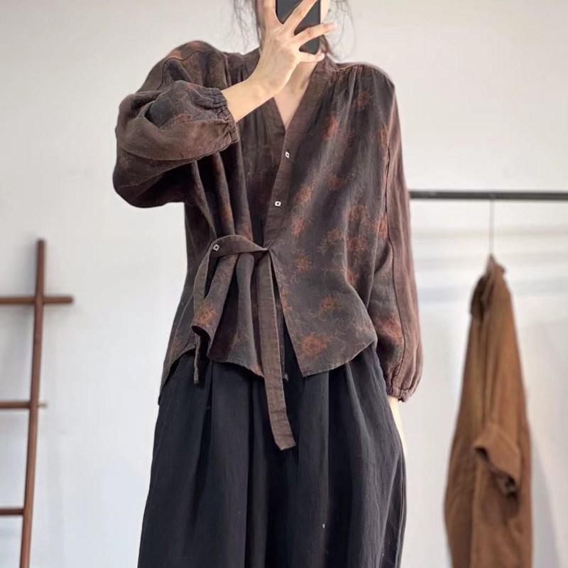 速发复古文艺领麻做旧上衣v亚印花0袖2长2春款民族风