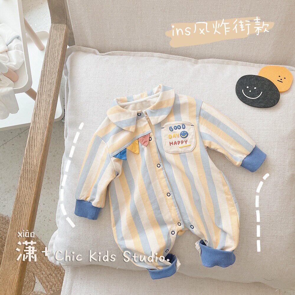 速发婴幼儿纯条连体衣春秋新款男宝宝棉纹哈儿洋气新生衣外出爬爬