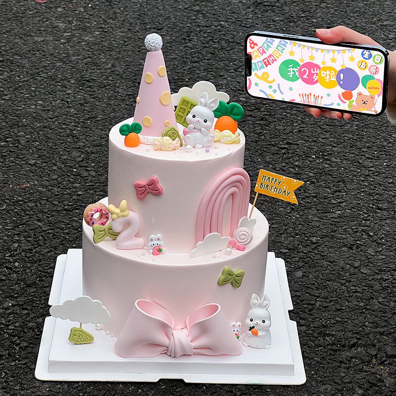 速发风兔宝宝双层蛋糕装饰儿童生日派对小爱摆兔子可件