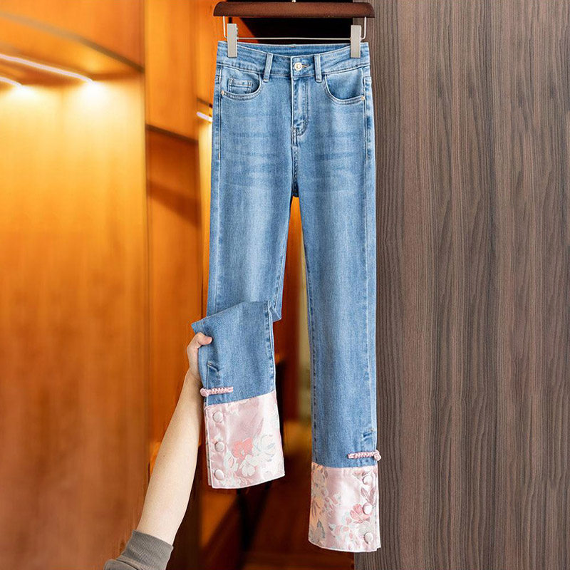 速发百搭牛仔02裤24春款复古中国风刺绣时尚洋气直筒裤