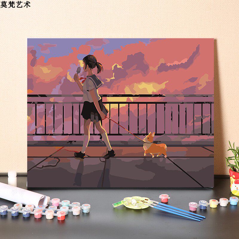 速发数字油画手工填充孩牵涂小狗治愈系手绘消磨时间着色油彩画