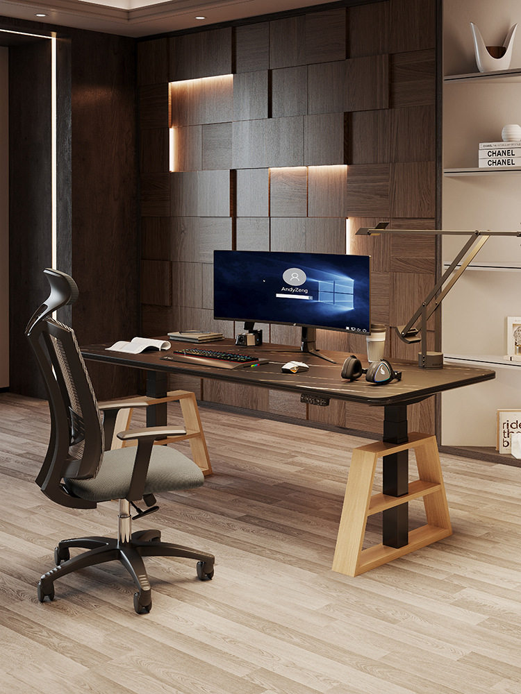 岩板现代简约电动升降桌台式电脑桌工作台站立式办公桌子家用书桌