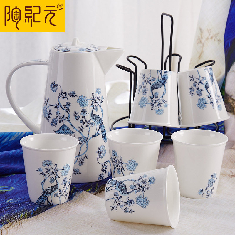 厂家直销创意青花瓷唐山骨瓷水具八件套陶瓷家用凉水壶水杯套装