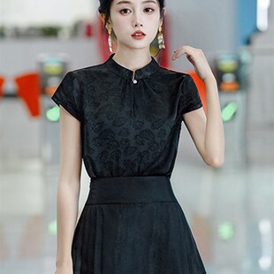 速发式中面裙的衬衣黑色新马配上衣国风汉元素气质立领春夏