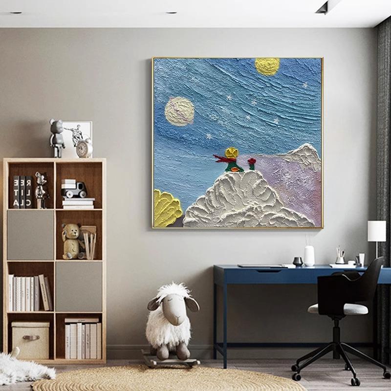 速发系油画奢王子星空方形书童房儿房挂画轻小客厅装饰画玄关壁画图片