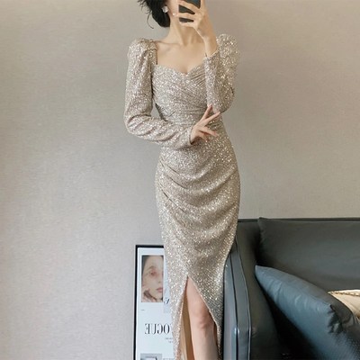 现货速发年会晚礼服高级感气质轻奢名媛宴会日常可穿鱼尾亮片长袖