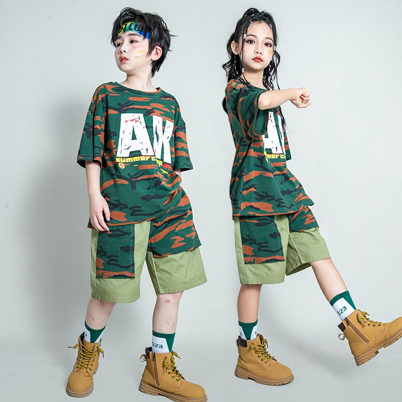 现货速发街舞儿童潮服迷彩嘻哈hiphop宽松男演出学生炸街军训夏令