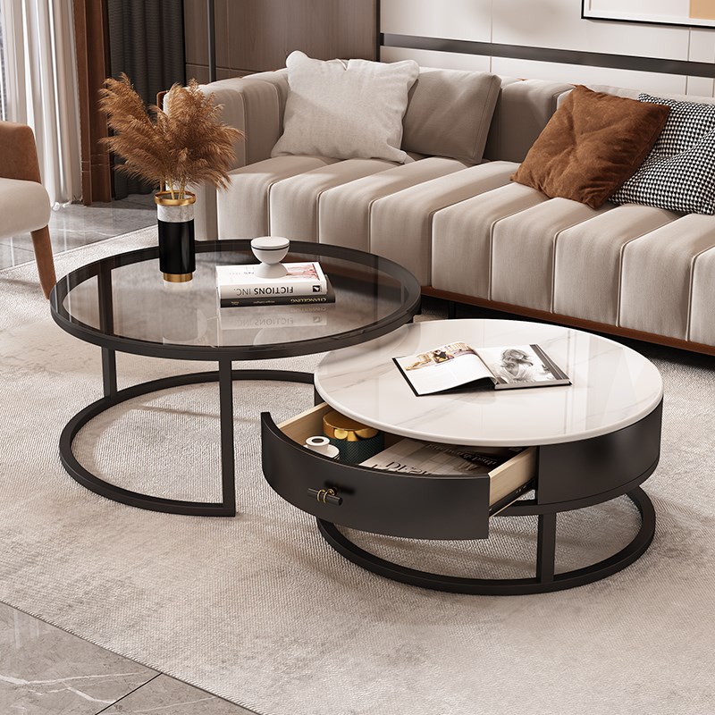 速发圆形茶几型厅家用小户客简板轻奢岩约钢化玻璃小桌子茶桌