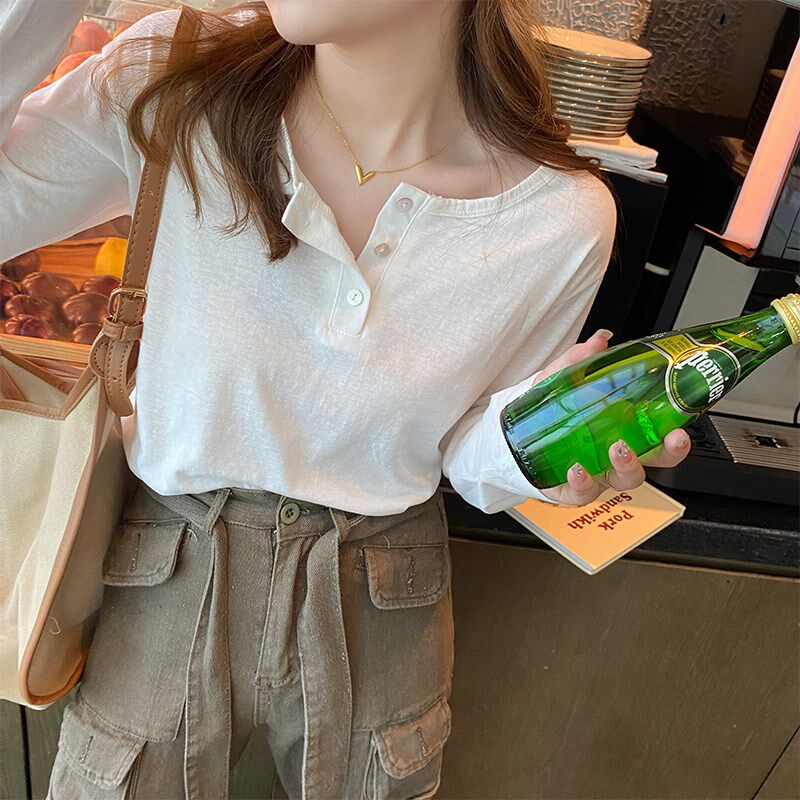 速发白色新袖t领秋装202年长款韩版圆恤宽松黑色上衣内搭打底衫