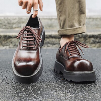 速发棕色男郎商务正装内增闲大头鞋子男款休高厚底结婚新士鞋
