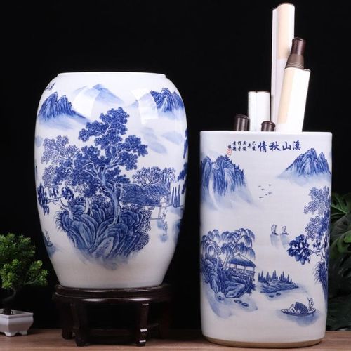 速发景德镇陶瓷青花画号书大缸收轴缸字画卷纳桶落地花瓶客厅书房