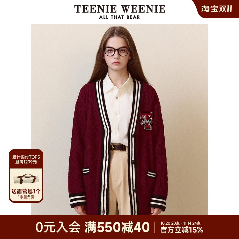 TeenieWeenie小熊秋装季红色慵懒风针织开衫毛衣外套学院风女宽松