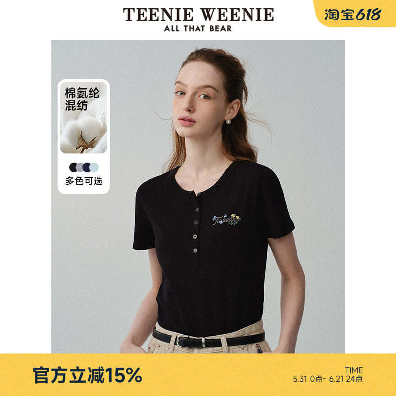TeenieWeenie小熊2024年夏新款圆领修身黑色短袖正肩T恤上衣女士