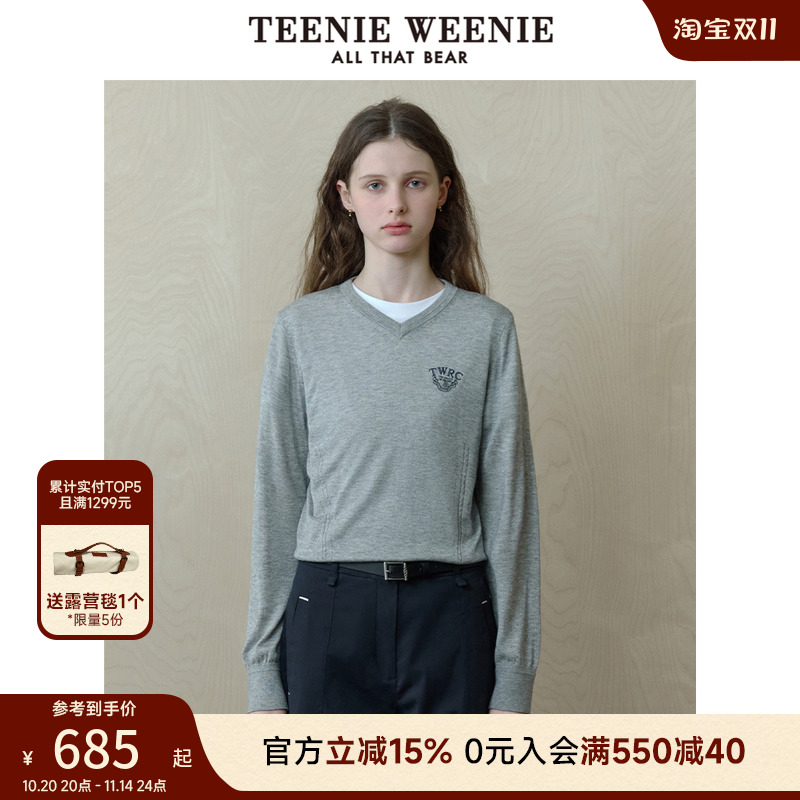 TeenieWeenie小熊女装毛衣2025秋新款简约V领优雅气质通勤针织衫