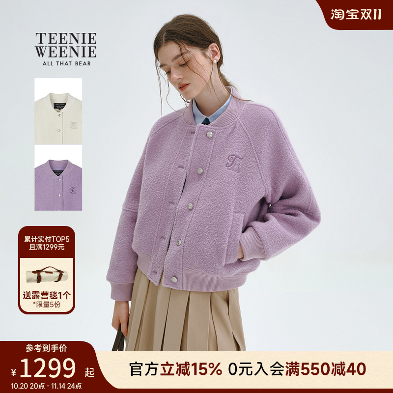 TeenieWeenie小熊女装毛呢大衣2025秋季款舒适宽松休闲棒球款外套