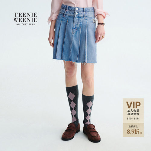 TeenieWeenie小熊女装半身裙2025秋季新款元气少女牛仔高腰百褶裙