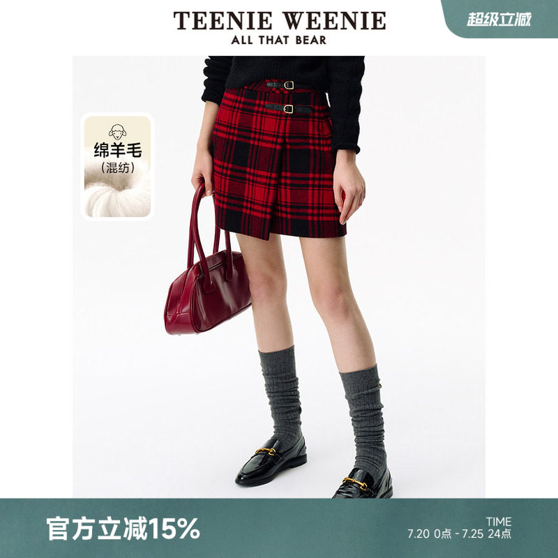 TeenieWeenie小熊女装撞色格纹半身裙新年红节日氛围感短裙毛呢裙