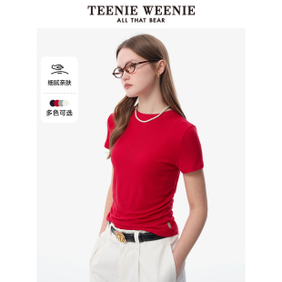 甜酷潮流紅色捏褶圓領(lǐng)短袖 TeenieWeenie小熊女裝 T恤2025秋季 新款