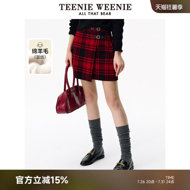 TeenieWeenie小熊女装撞色格纹半身裙新年红节日氛围感短裙毛呢裙