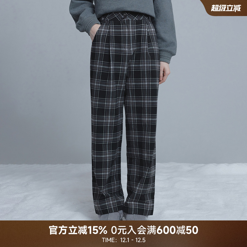 TeenieWeenie小熊女装休闲裤25冬新款时尚舒适简洁宽松款格子长裤