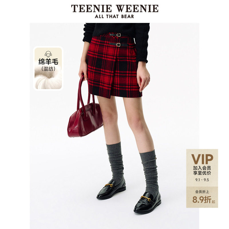 TeenieWeenie小熊女装撞色格纹半身裙新年红节日氛围感短裙毛呢裙