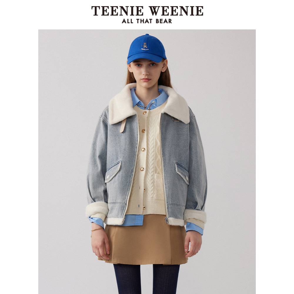 TeenieWeenie小熊女装冬装时尚潮流甜酷风加绒保暖牛仔短外套上衣