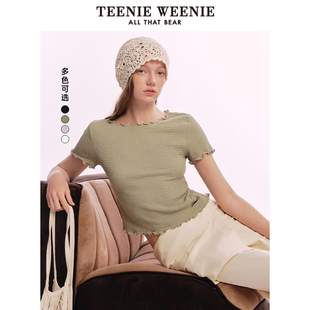 TeenieWeenie小熊女装 圆领T恤2025夏新款 清新甜美皱布荷叶边短袖