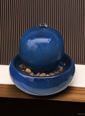 欧式陶瓷喷泉流水加湿器蓝色摆件家居客厅桌面创意水景工艺品摆设