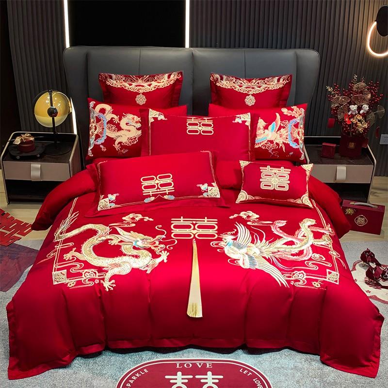 婚庆结婚房床上用品四件套大红色中式龙凤刺绣床单被罩全棉六件套