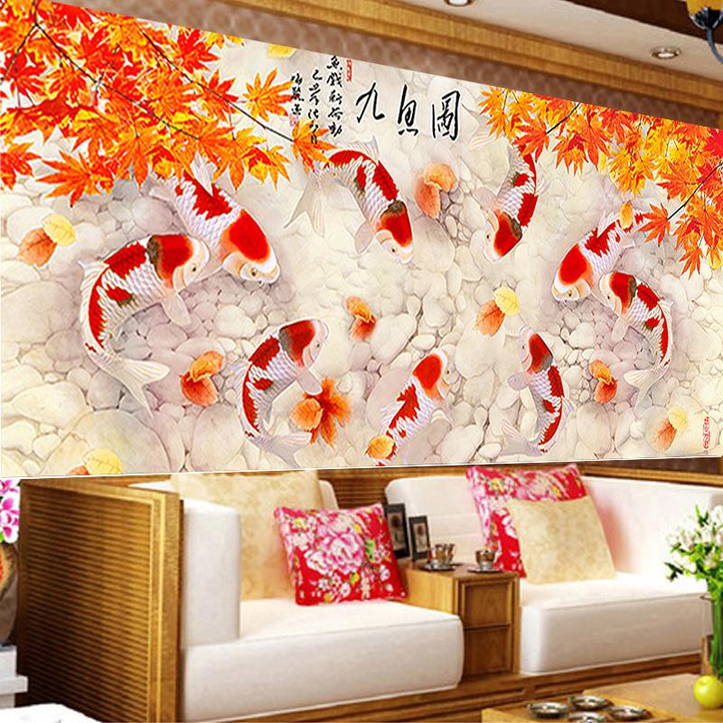 5d钻石画满钻九鱼图点贴粘砖石十字绣2024新款秀半钻客厅大幅风景