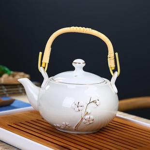 白瓷提梁壶简约复古珐琅彩泡茶壶家用陶瓷功夫茶具单壶铜把手 中式