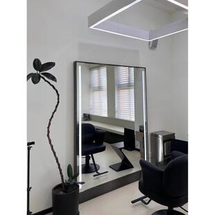 黑色不锈钢美发镜双面落地镜理发店工作室专用剪发镜带灯