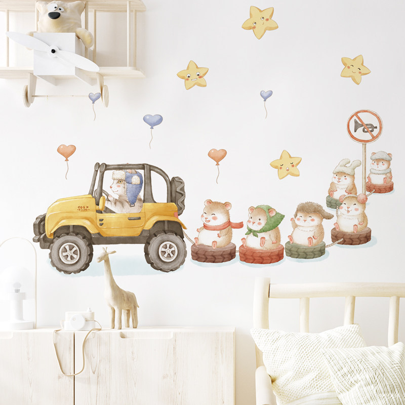 速发可爱卡子鼠老小仓鼠兔丁车墙贴纸儿童房间幼儿园教室墙面布置