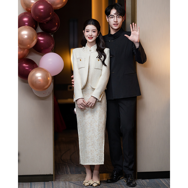 速发新中敬旗袍式季服新娘订婚礼裙结婚回门便装外套秋冬酒长袖