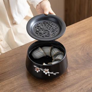 陶瓷禅意水盂家用茶渣桶茶道 粗陶建水茶渣缸茶洗带盖复古杯洗日式