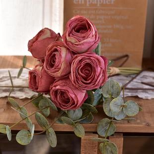 法式焦边仿真玫瑰花油画牡丹花假花干花复古客厅餐桌花装饰花插花