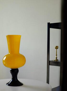 法式橙色高脚花瓶中古风摆件琉璃水养鲜花装饰高级感玻璃花器