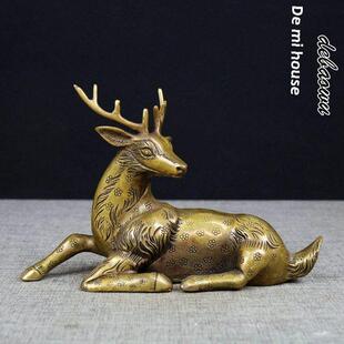 铜梅花鹿纯铜工艺品摆件雕塑卧鹿回头鹿风水摆件家居铜鹿装饰