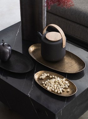 极速装饰推荐藤锤椭圆形托盘新中式铝制金属摆件轻T奢客厅玄关样