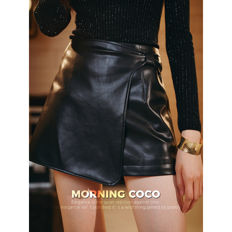 MORNINGCOCO 设计师款不规则黑色PU高腰短裙裤轻奢春秋高级皮半裙
