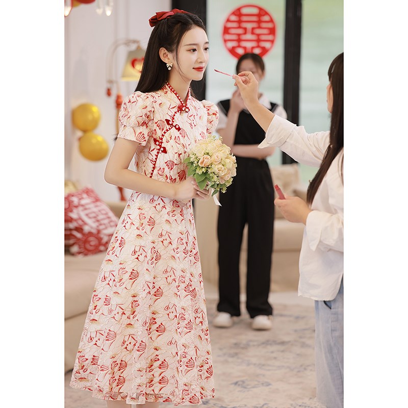 速发新中式旗袍订婚礼服平时可穿敬酒服2025新款新娘红色裙子回门