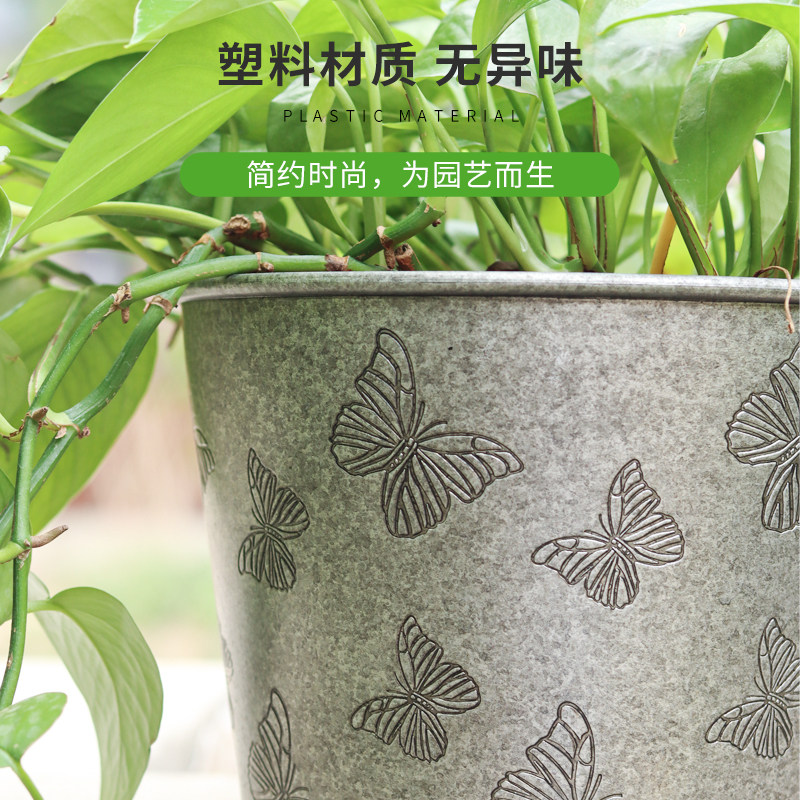 热销复古仿铁皮桶花盆塑料欧式球根盆花K园阳台卧室装饰摆件花器