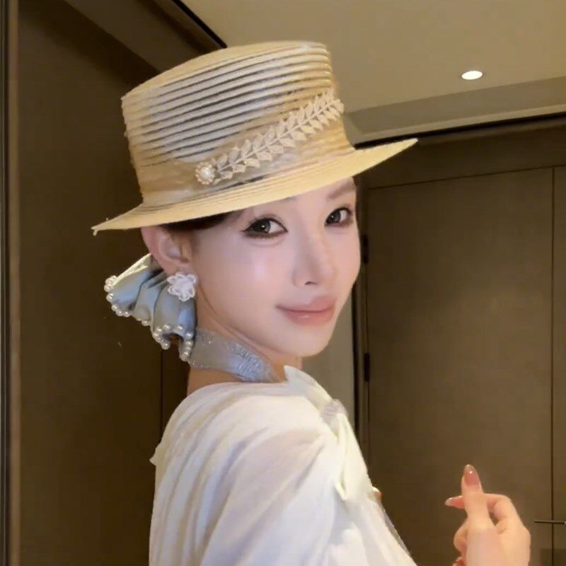 热销女士短檐网纱礼帽女法式赫本A风网红平顶遮阳帽气质时髦小沿