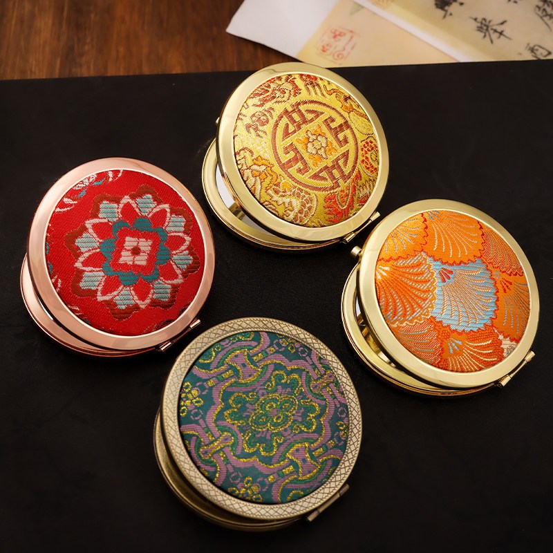 速发手工宋锦包布刺绣镜胚底座材料包随身补妆双面折叠小镜子复古