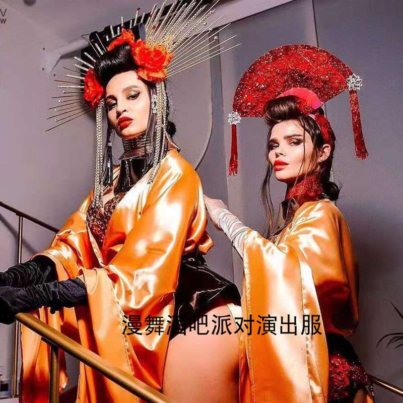 速发漫舞酒吧亚洲中国风橙黄艺伎红玫瑰连体套o演出服夜店酒吧ds