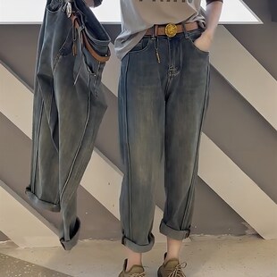 速发梨形身材大码宽松牛仔裤子胖伦妹mm九分哈妹裤裤卜萝子