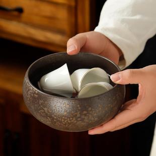 鎏金釉粗陶茶洗家用复古水盂大号茶渣缸陶瓷茶桶杯洗功夫茶道配件