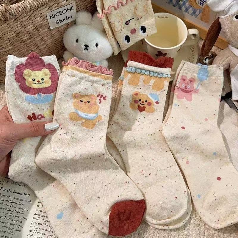 日系甜美堆堆袜双层花边卡通爱心小熊袜子个性点子纱学院风中筒